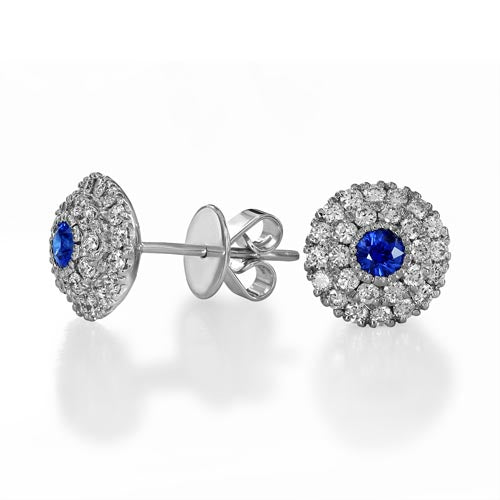 18K White Gold Sapphire and Double Diamond Halo Dome Stud Earrings
