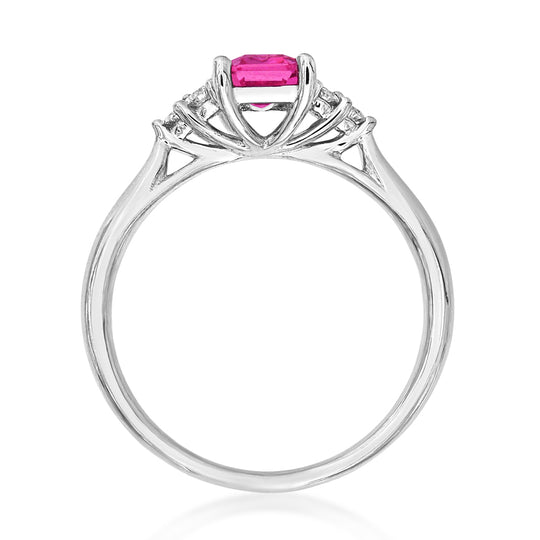 Octagon pink sapphire and diamond shoulder ring in 18 carat white gold