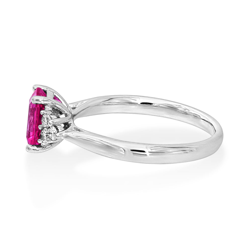 Octagon pink sapphire and diamond shoulder ring in 18 carat white gold