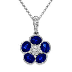 18K White Gold Floral Sapphire and Diamond Pendant Necklace