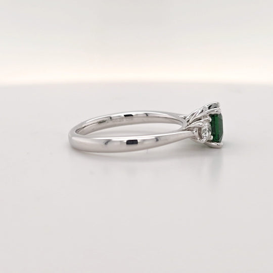 Tsavorite & Diamond Three Stone Ring in 18k White Gold