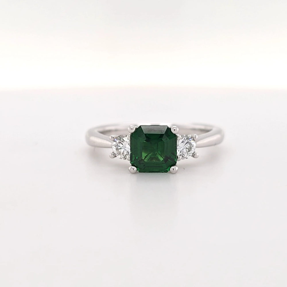 Tsavorite & Diamond Three Stone Ring in 18k White Gold