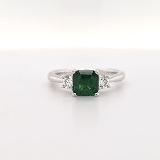 Tsavorite & Diamond Three Stone Ring in 18k White Gold