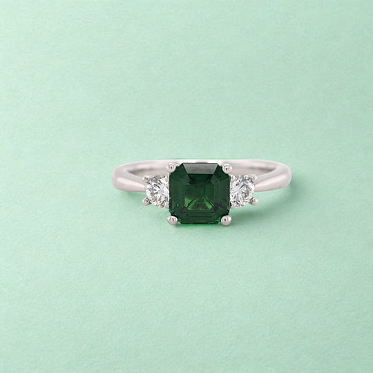 Tsavorite & Diamond Three Stone Ring in 18k White Gold