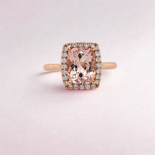 Morganite & Diamond Halo Ring in 18ct Rose Gold