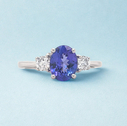 Tanzanite & Diamond three stone 18k white gold ring